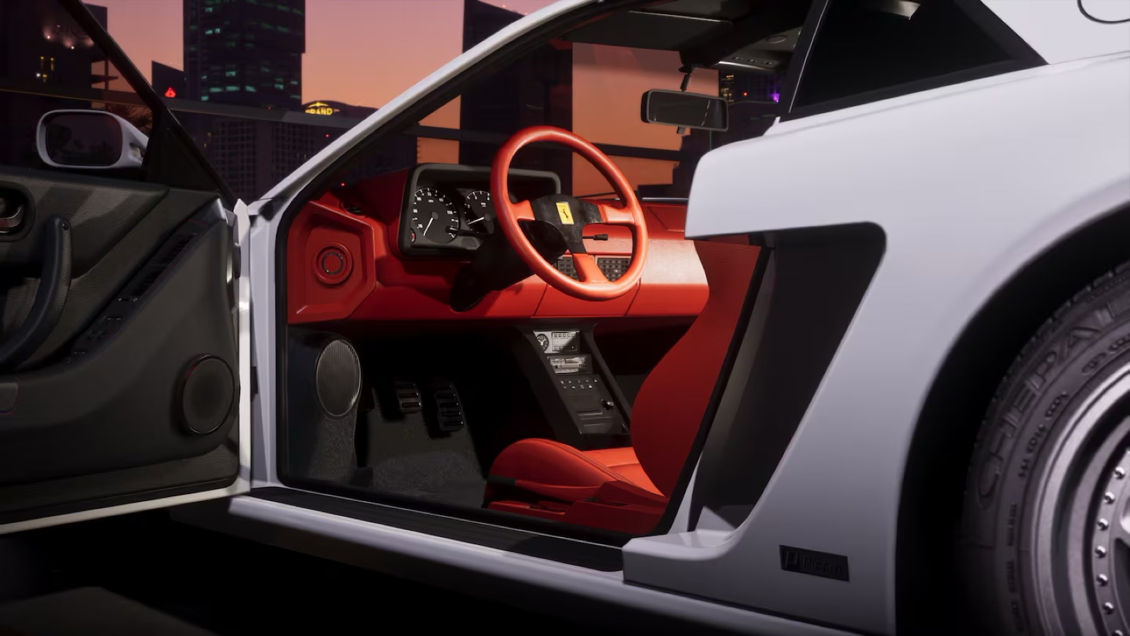 The Grotti Cheetah sports car with its door open, red interior visible, parked at dusk
