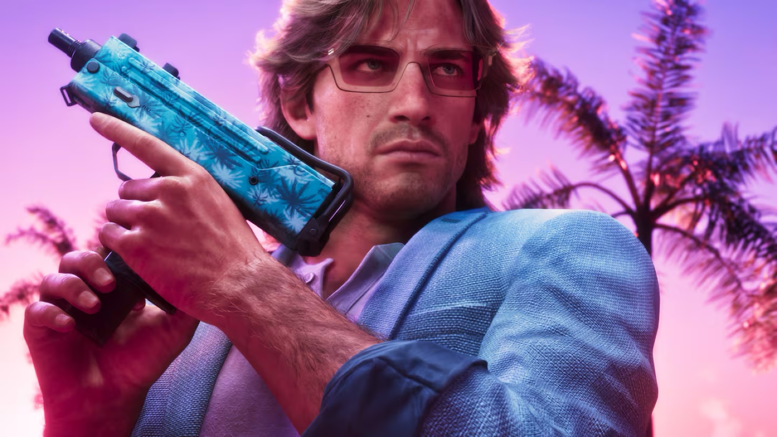 A man with shaggy hair and pink-tinted rimless sunglasses
